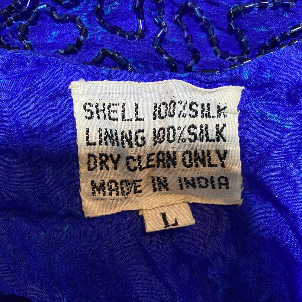 Vintage 80s Beaded Silk Top Short Sleeve Boatneck Pullover Sequins Blue Womens L - Picture 10 of 10